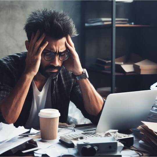 Мужчина за рабочим столом держится за голову